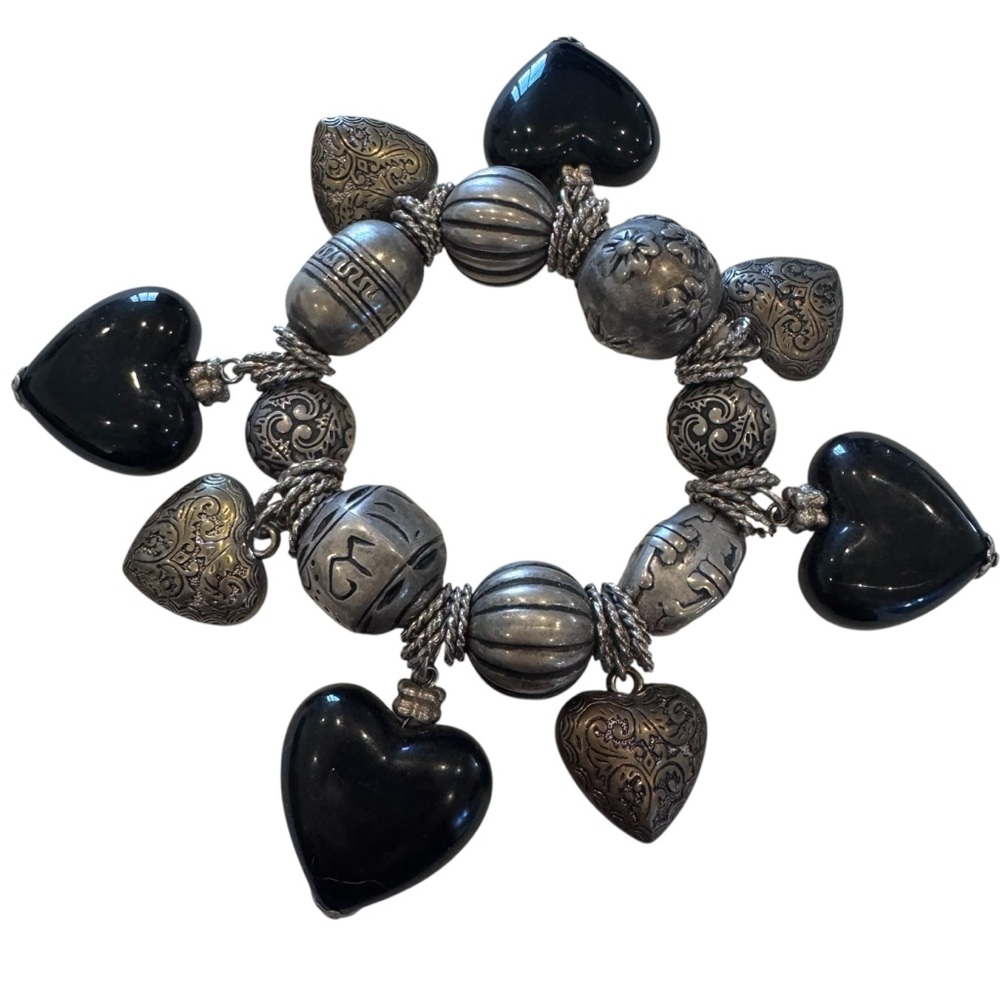 Chunky Black Beaded Silver Tone Heart Charm Bracelet Valentine Love
